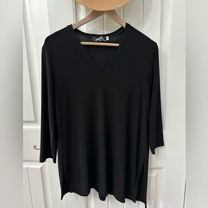 Sympli Black Blouse with Signature Jersey Knit V neck sz 10 Asymmetrical hem